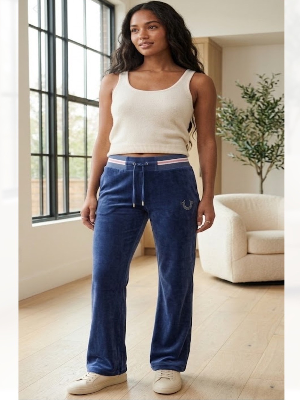 True Religion Navy Velour Joggers with Stripe Waistband